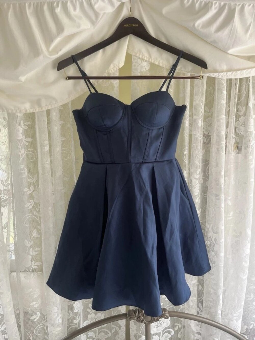 B. Darlin Blue Satin Fit & Flare Sweetheart Strappy Dress